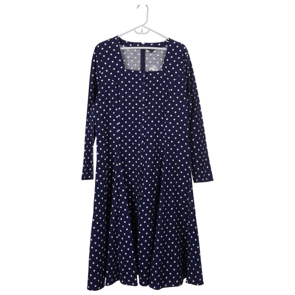 NWOT J. Peterman Dress 18 Blue Polka Dot Square Neck Fit & Flare Button Front